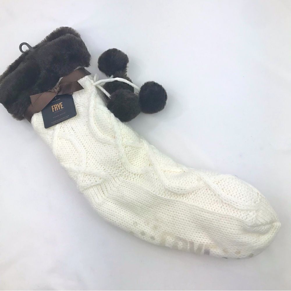 Frye Cream Knit Brown Faux Fur Pompom Trim Cozy Grip Tread Home Socks NEW